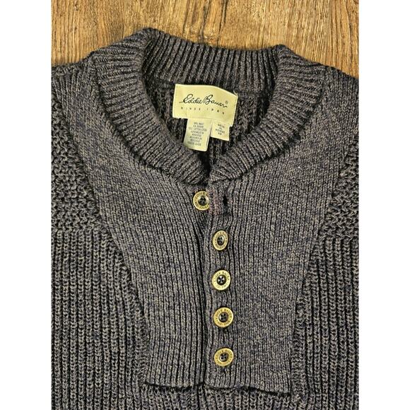 Vintage Eddie Bauer Sweater Mens XL Fisherman Henley Y2K Chunky Heathered Navy - Picture 2 of 6